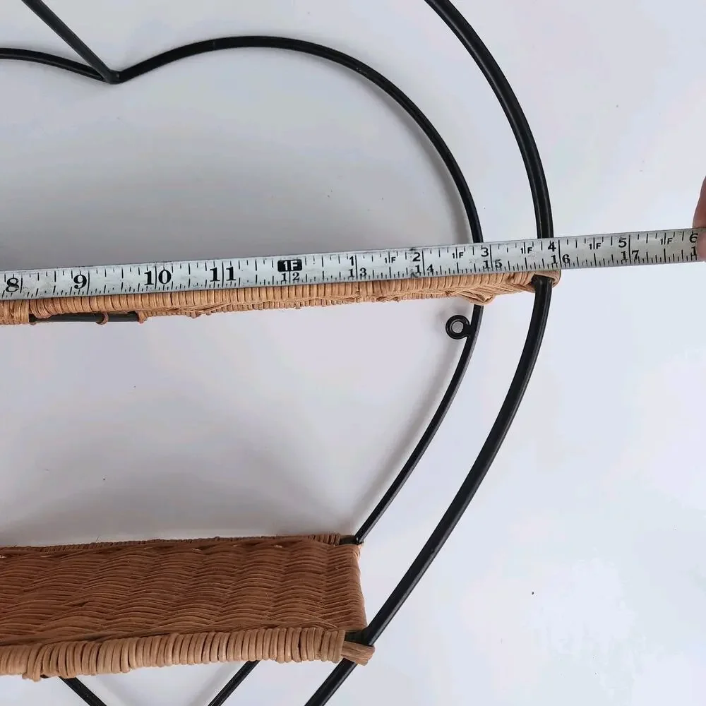 Vintage Heart Shaped Wall Shelf Wicker & Metal Boho Mid Century Hanging Display